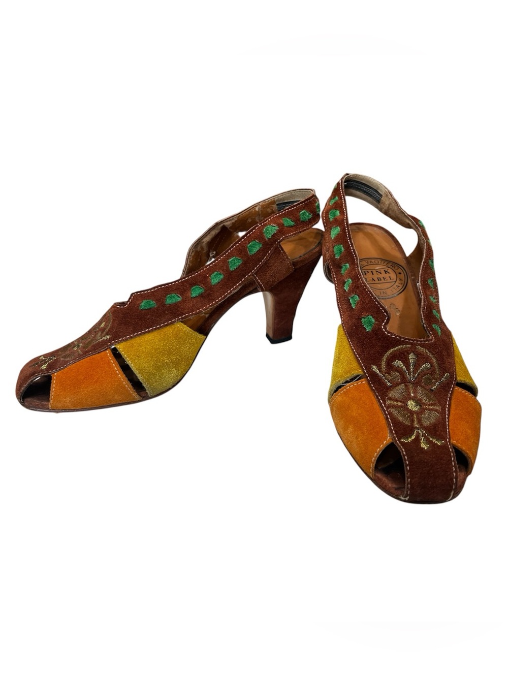 Vaquero Pink Label multi-color suede slingback heels Size 6 - boho hippie vibe
